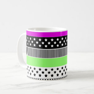 Patchwork of black and white and neon stripes coffee mug