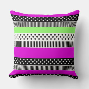 Patchwork of black and white and neon stripes  cushion