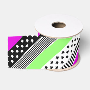 Patchwork of black and white and neon stripes grosgrain ribbon