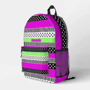 Patchwork of black and white and neon stripes printed backpack