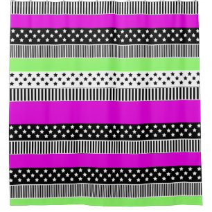 Patchwork of black and white and neon stripes  shower curtain