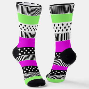 Patchwork of black and white and neon stripes socks