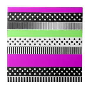 Patchwork of black and white and neon stripes  tile