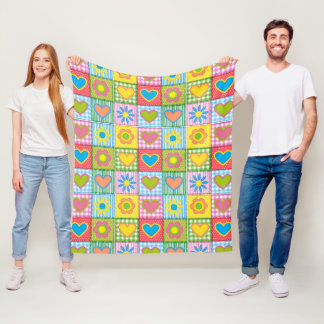 Patchwork of Love Blossom and Hearts  Fleece Blanket