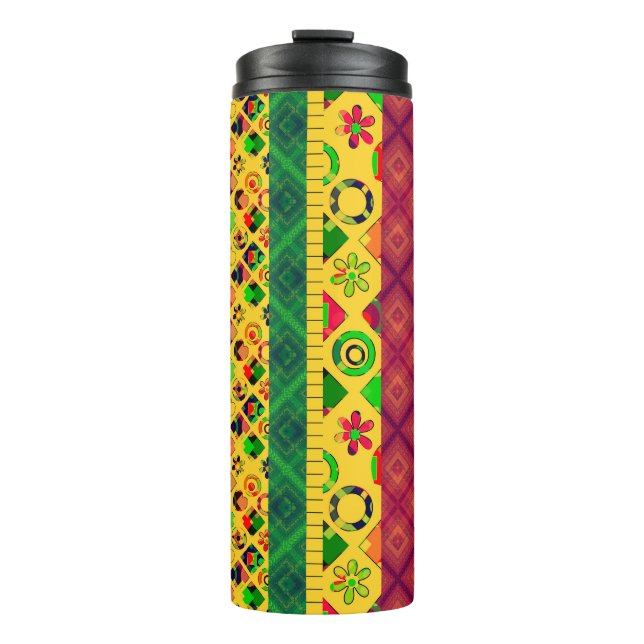 Patchwork ornamental lines peaces textile boho vin thermal tumbler (Front)