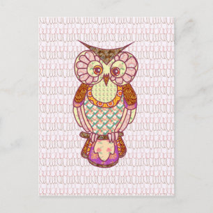 Patchwork owl hearts postcard