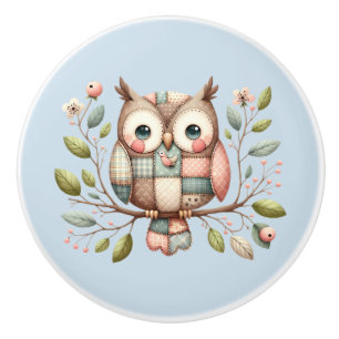 Patchwork Owl in Whimsical Woodland Ceramic Knob