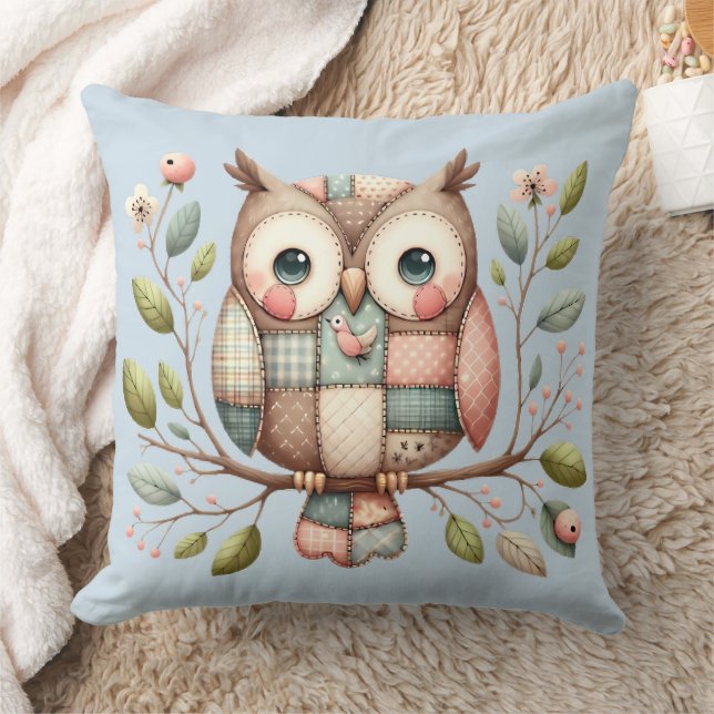 Patchwork Owl in Whimsical Woodland Cushion (Blanket)