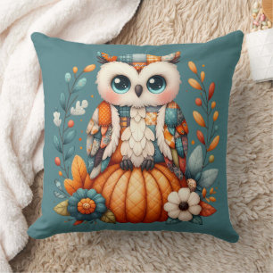 Patchwork Owl on Pumpkin — Cottagecore Fall Cushion