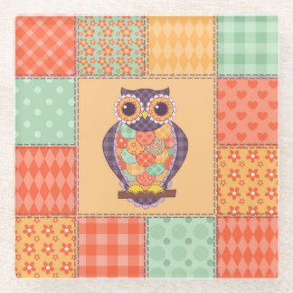 Patchwork Owl Vintage Seamless Pattern Glass Coaster