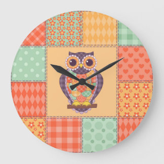 Patchwork Owl Vintage Seamless Pattern Large Clock