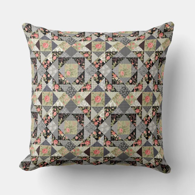 Patchwork Pattern Butterflies Flowers Foliage Rose Cushion (Front)