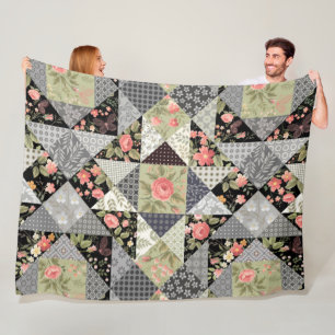 Patchwork Pattern Butterflies Flowers Foliage Rose Fleece Blanket
