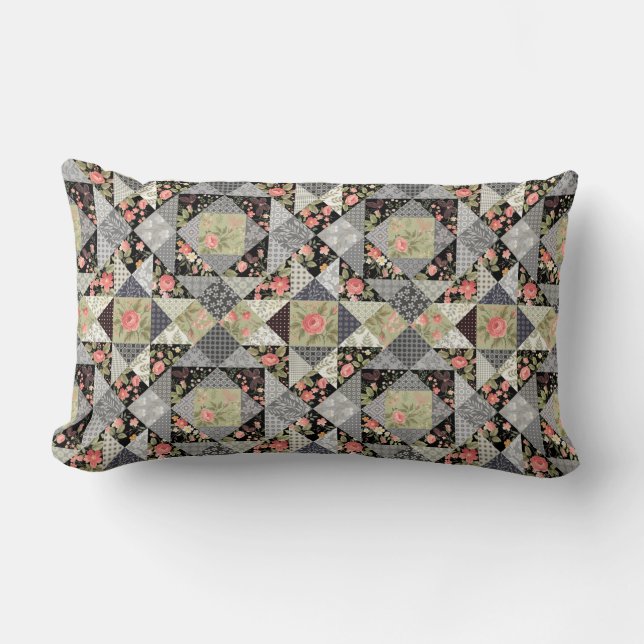 Patchwork Pattern Butterflies Flowers Foliage Rose Lumbar Cushion (Front)