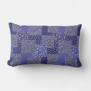 Patchwork Pattern Chintz Shades of Blue Polka Dot Lumbar Cushion