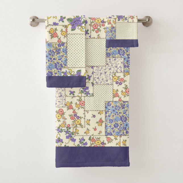 Patchwork Pattern Floral Flowers Purple Dots  Bath Towel Set (Insitu)