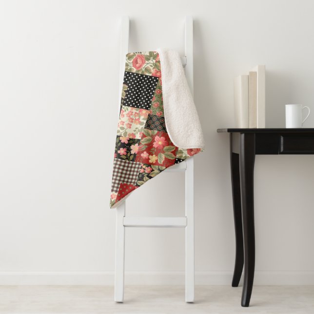 Patchwork Pattern Flowers Polka Dot Geometric Plai Sherpa Blanket (In Situ)