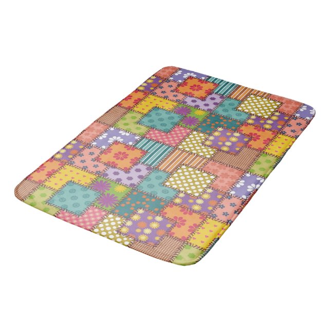 Patchwork Pattern Flowers Polka Dot Stripe   Bath Mat (Angled)