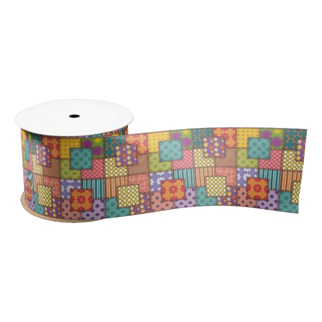 Patchwork Pattern Flowers Polka Dot Stripe   Satin Ribbon (Spool)