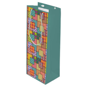 Patchwork Pattern Flowers Polka Dot Stripe   Wine Gift Bag