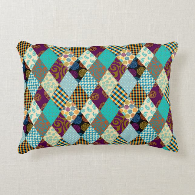 Patchwork Pattern Geometric Plaid Blue Purple Dots Decorative Cushion (Front)