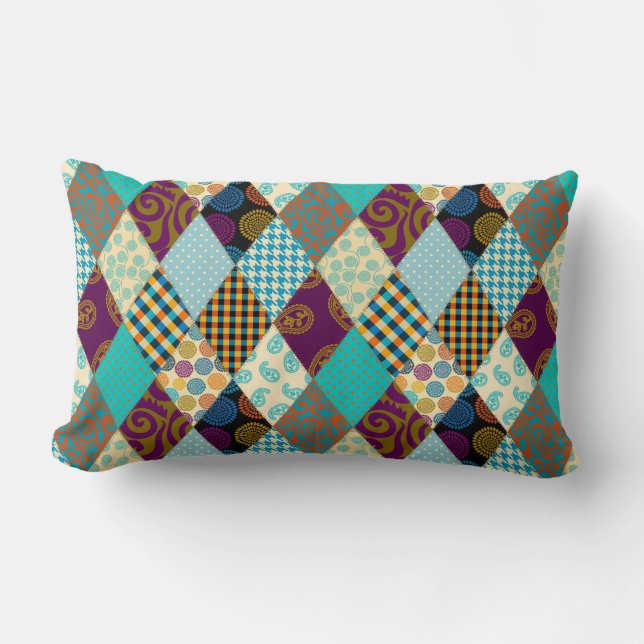Patchwork Pattern Geometric Plaid Blue Purple Dots Lumbar Cushion (Front)