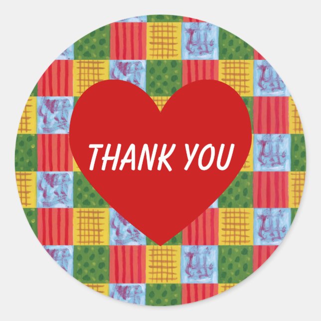 Patchwork Pattern Painting & Red Heart Classic Round Sticker (Front)
