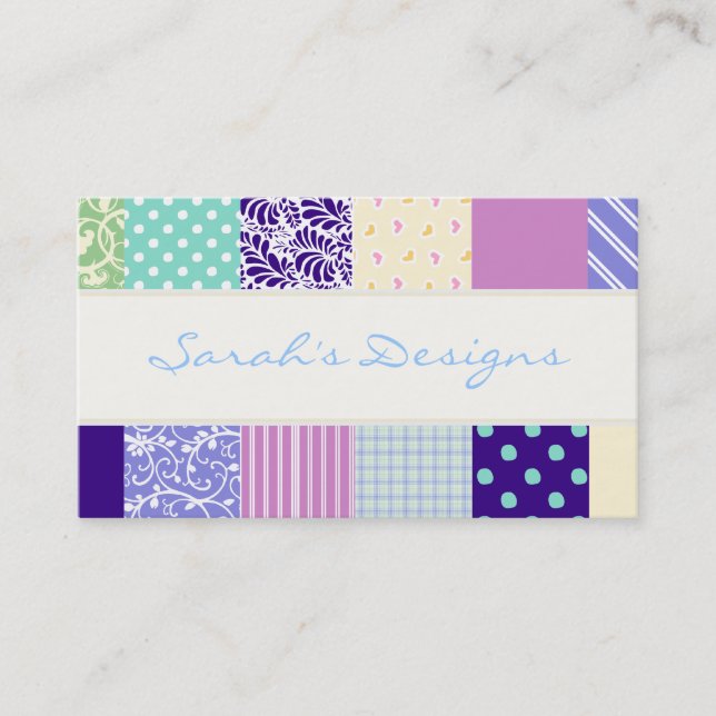 Patchwork pattern squares - purple, yellow & blue business card (Front)
