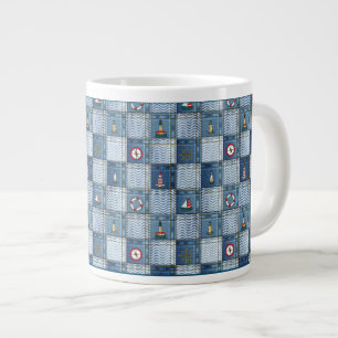 Patchwork Pattern with Marine Theme Lifebuoy Ancho Large Coffee Mug