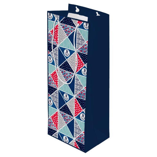 Patchwork Pattern with Nautical Element Polka Dot  Wine Gift Bag (Back Angled)