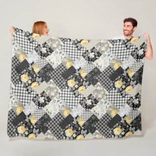 Patchwork Pattern with Stripes and Yellow Roses Fleece Blanket