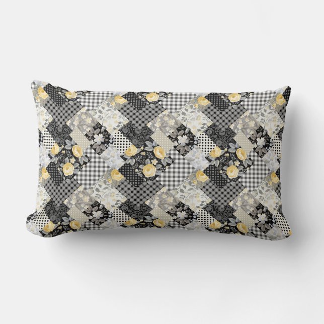 Patchwork Pattern with Stripes and Yellow Roses  Lumbar Cushion (Front)