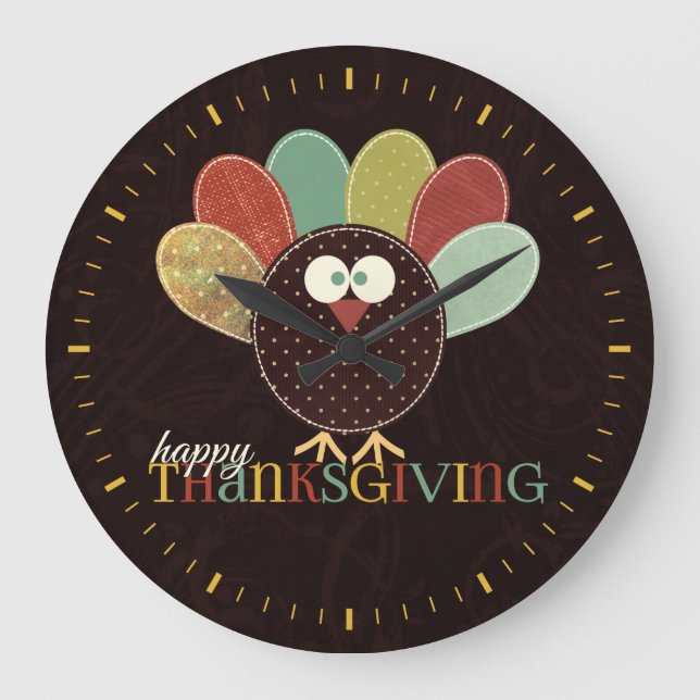 Patchwork Patterned Turkey for Thanksgiving Large Clock (Front)