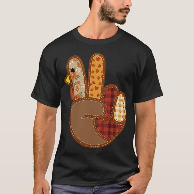 Patchwork Peace Sign Turkey Hand Thanksgiving Fall T-Shirt (Front)