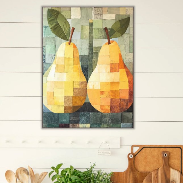 Patchwork Pears | Kitchen Art Green & Orange Tones Canvas Print (Printed Canvas Kitchen Art Faux Patchwork Stitched Pears Country Farmhouse Rustic  Style)