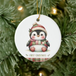 Patchwork Penguin First Christmas Keepsake Photo Ceramic Tree Decoration