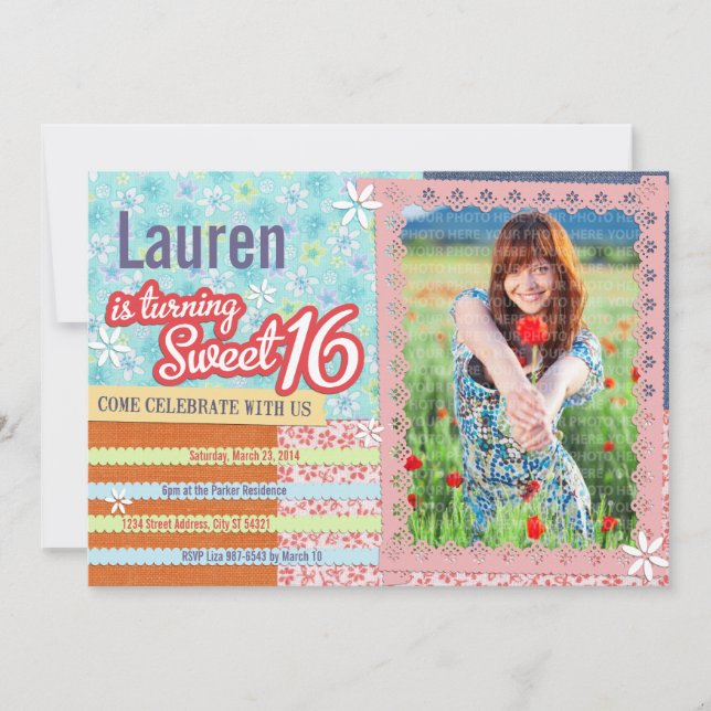 Patchwork & Pink Lace Sweet 16 Photo Invitation (Front)
