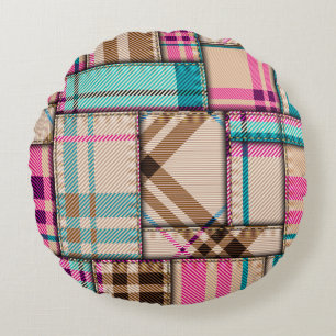Patchwork Plaid, Vintage Seamless Background. Round Cushion