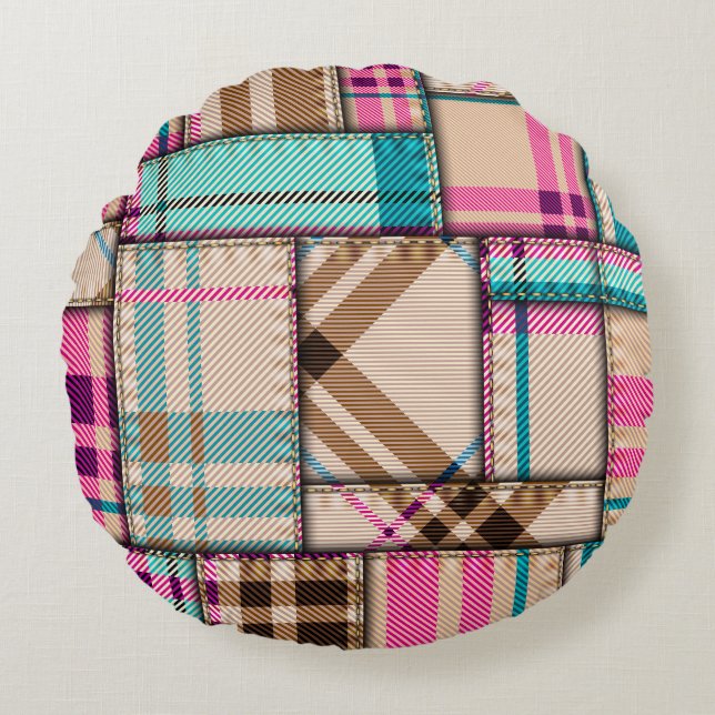Patchwork Plaid, Vintage Seamless Background. Round Cushion (Front)
