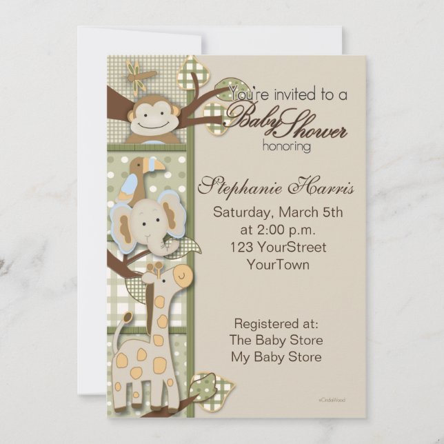 Patchwork Plaid with Safari Animals Invitation (Front)
