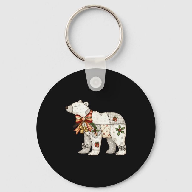Patchwork Polar Bear Cute Christmas Quilt  Key Ring (Front)