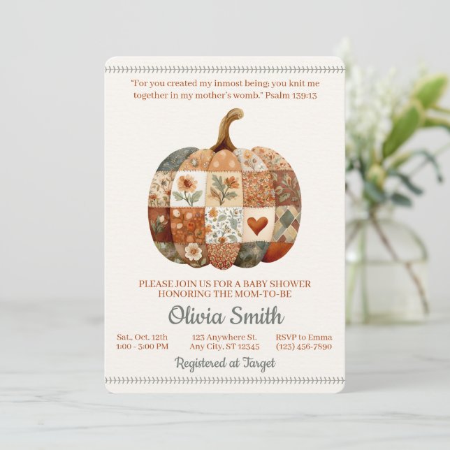Patchwork Pumpkin Bible Verse Baby Shower Invitation (Standing Front)