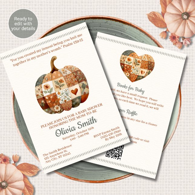 Patchwork Pumpkin Christian All in One Baby Shower Invitation (Creator Uploaded)