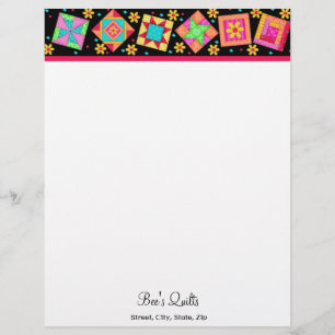 Patchwork Quilt Blocks Black Custom Stationery Letterhead