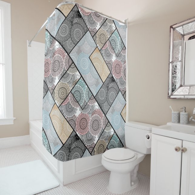 Patchwork quilt ceramic tile circles mandala paste shower curtain (In Situ)