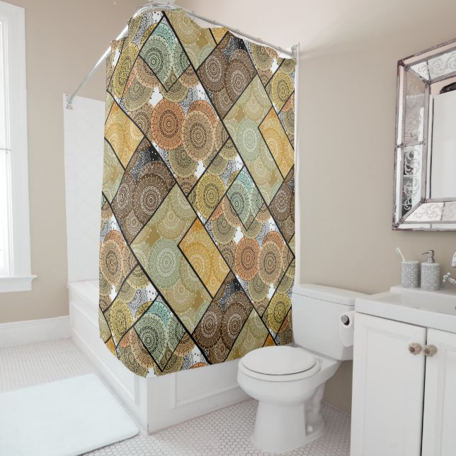 Patchwork quilt ceramic tile circles mandala patch shower curtain (In Situ)