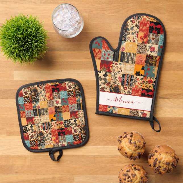 Patchwork Quilt Effect Oven Mitt & Pot Holder Set (Top Down)