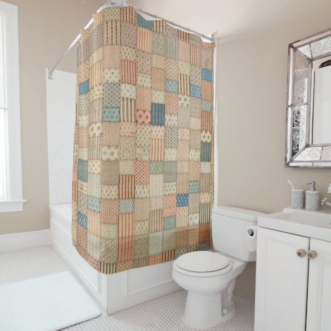 Patchwork quilt in muted colours shower curtain (In Situ)