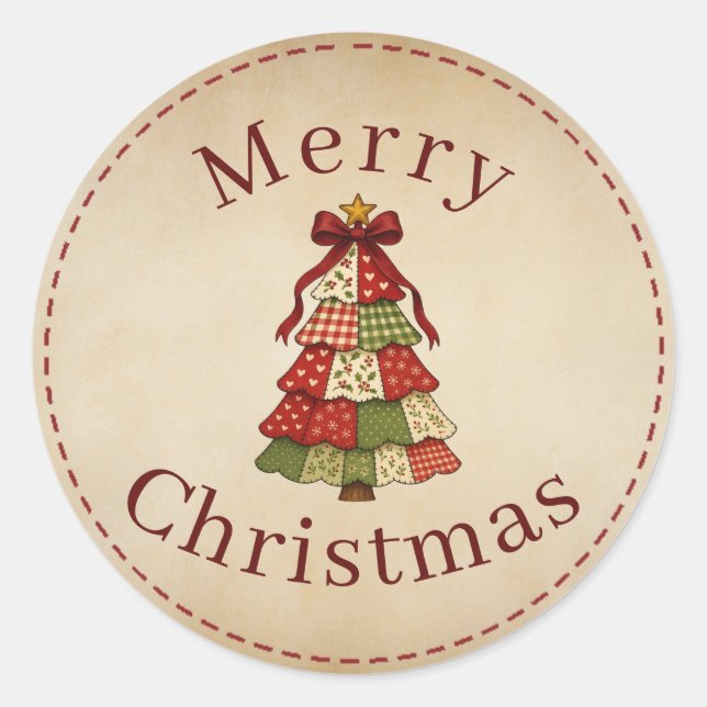 Patchwork Quilt Merry Christmas Round Sticker (Front)