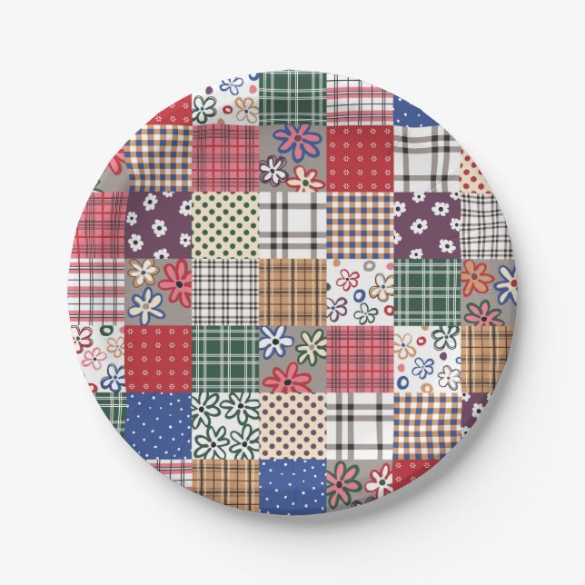 Patchwork Quilt Multicolored Gingham Paper Plate (Front)